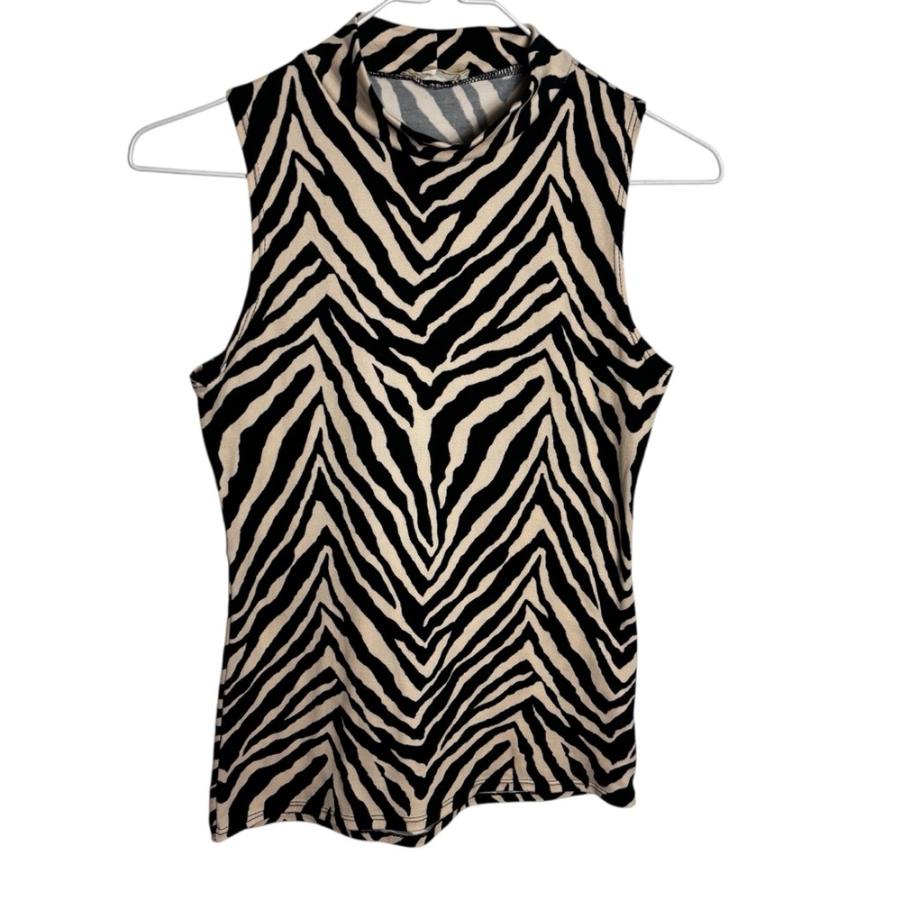 Y2K tan & black Zebra print mock neck sleeveless soft blouse